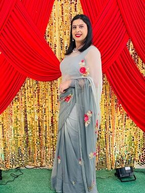 Elegant Grey Saree with Pink Floral Embroidery